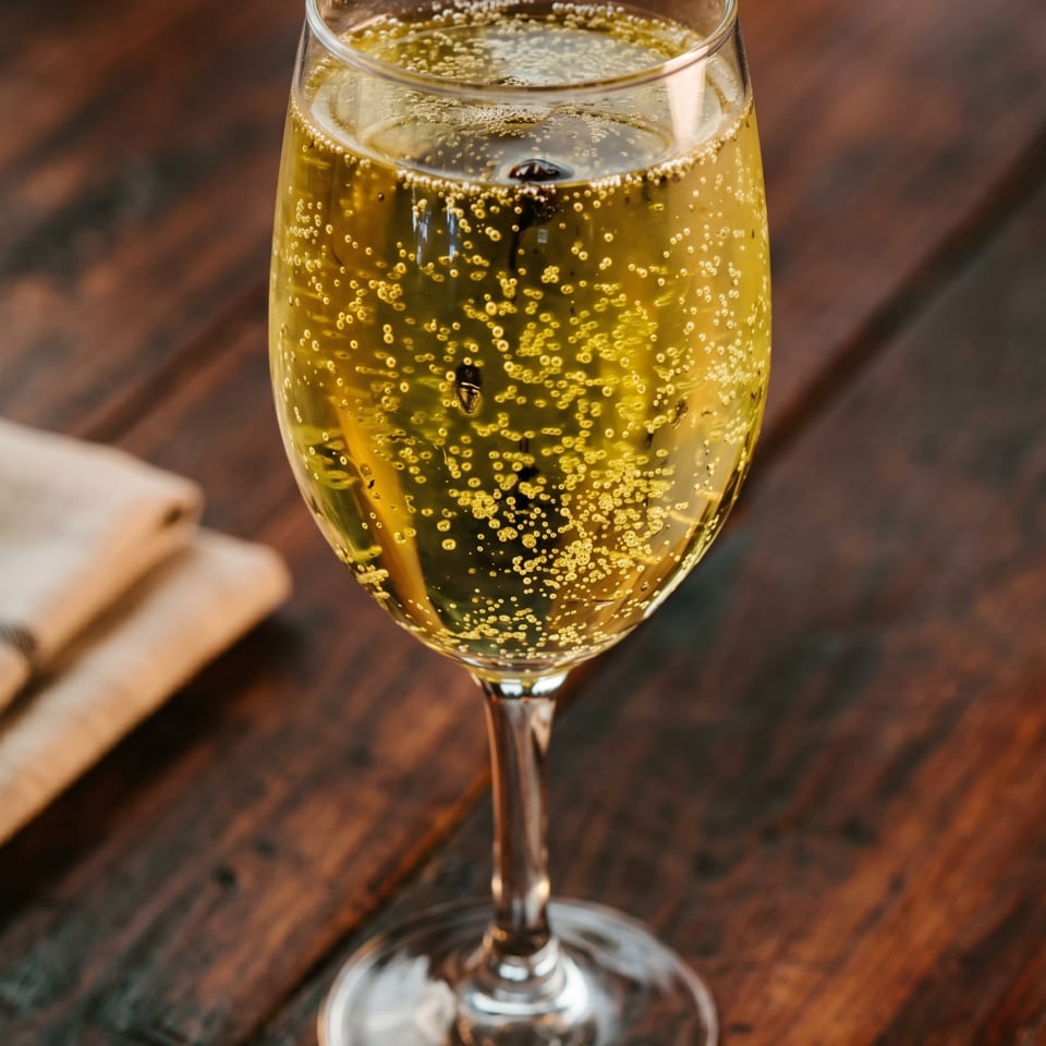 A champagne flute filled with sparkling golden liquid and bubbles on a dark wooden table.