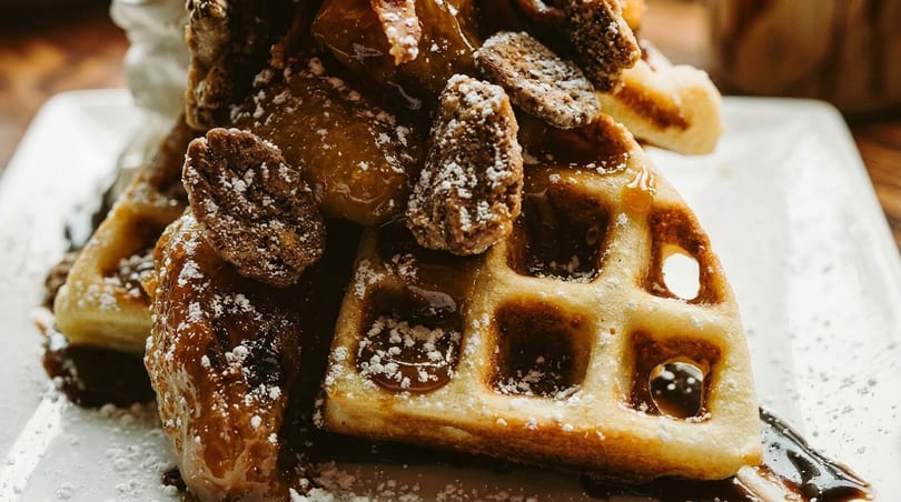 Close-up of a waffle topped with caramelized bananas, candied pecans, powdered sugar, and syrup.