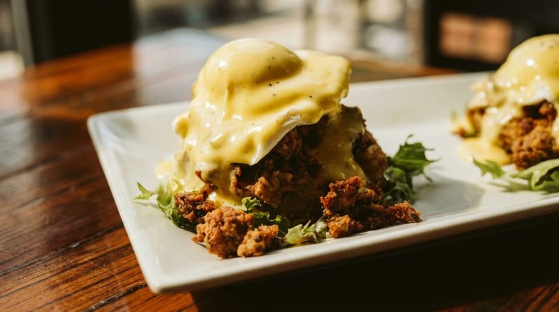 Two servings of eggs benedict with fried chicken and hollandaise sauce on a white plate.